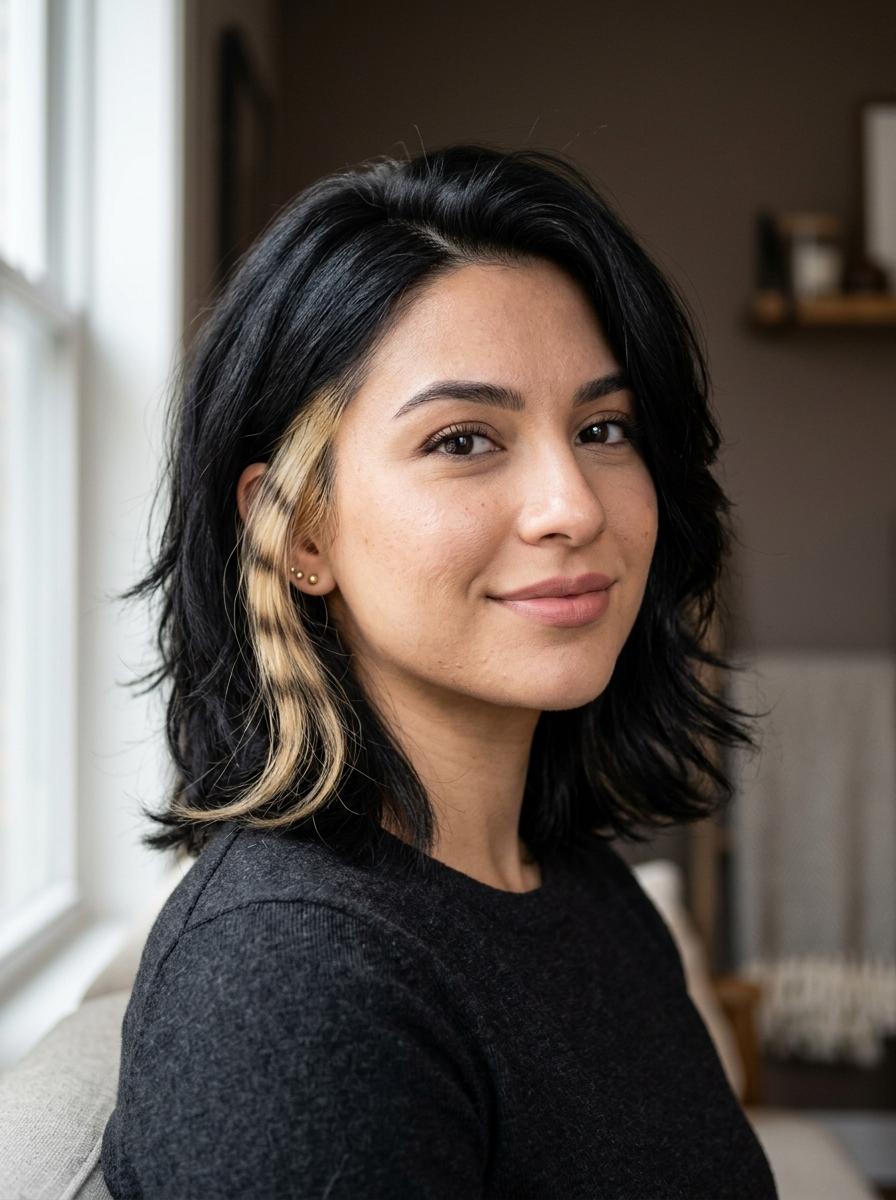 Schwarze Haare mit blonder Raccoon Tail Strähne - Raccoon Tail Hair Idee
